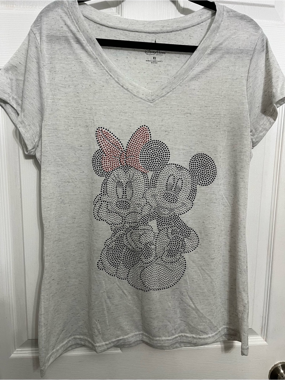 Disney Parks V-Neck Rhinestone Minnie & Mickey Tee - Heather Gray Thin shirt